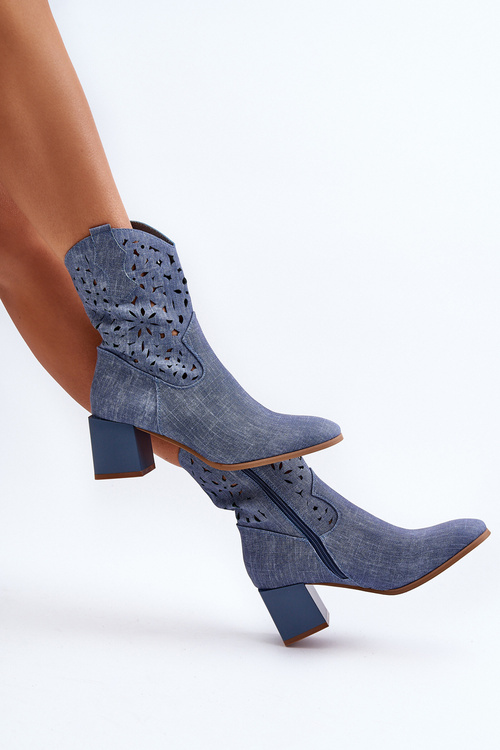 Jeansowe Botki Z Ażurową Cholewką Na Klocku Niebieskie Irvelame