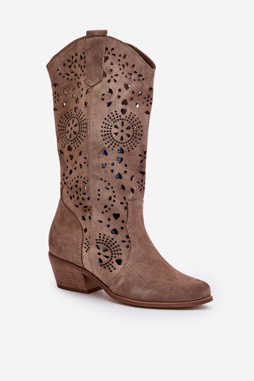 Zazoo 3396 Zamszowe Ażurowe Kozaki Do Połowy Łydki Ciemnobeżowe