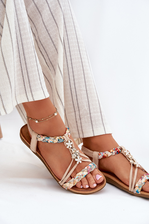 Sandały Damskie Z Przypinkami I Plecionymi Paskami Beżowe Nusoreth