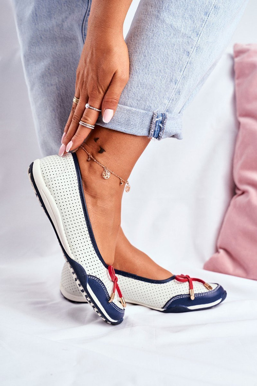 Ażurowe Skórzane Baleriny Biało-Czerwone Erdola