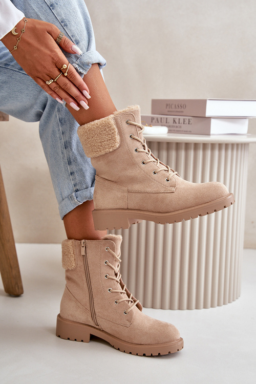 Damskie Ocieplane Botki Workery Na Zamek Beżowe Mivael