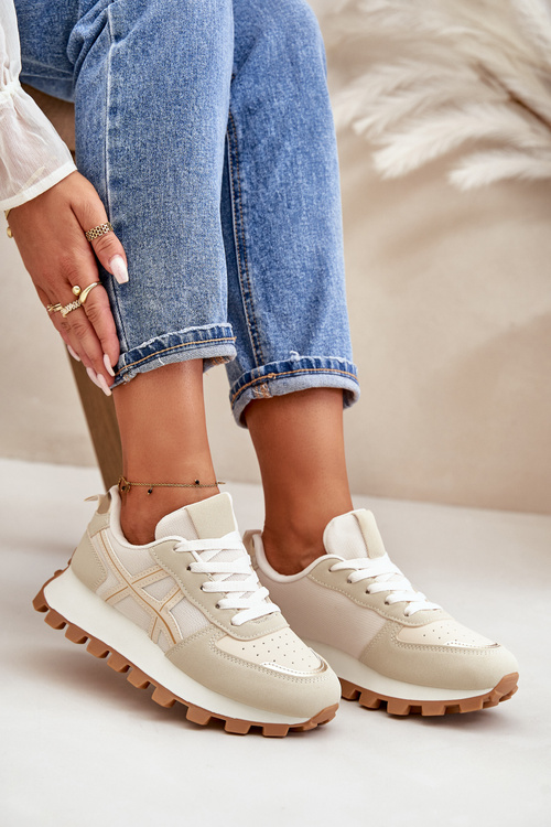 Sneakersy Buty Sportowe Damskie Sznurowane Na Platformie Beżowe Mialunae