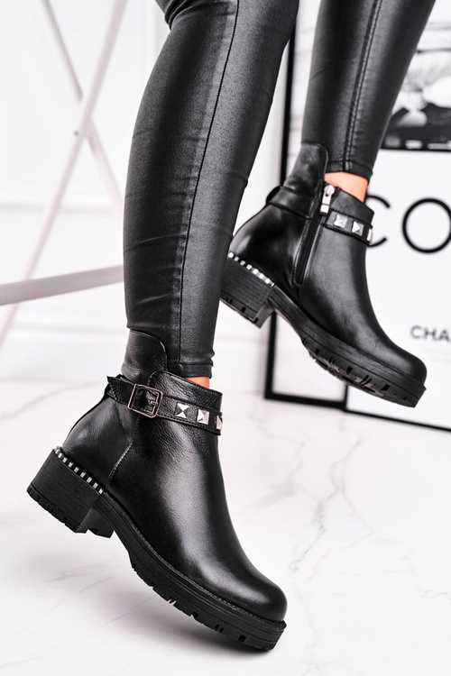 Botki Damskie Skórzane Ocieplane Laura Messi Czarne 2055