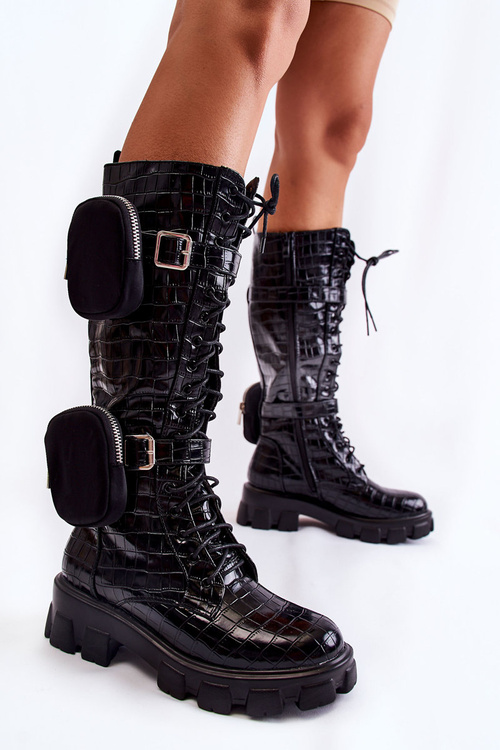 Ocieplane Kozaki Z Torebkami I Zwierzęcym Wzorem Czarne Military