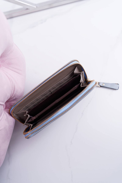 Portfel Damski Duży Niebieski Złoty Ozdobny Suwak