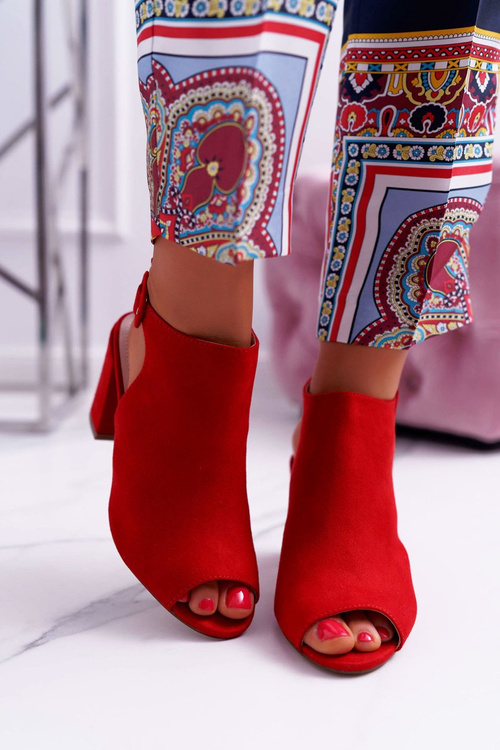 Sandały Damskie Na Słupku Z Cholewką Peep Toe Czerwone Esta