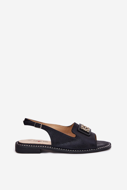 Eleganckie Sandały Damskie Na Płaskim Obcasie Z Ozdobą S.Barski KV51-082 Czarne