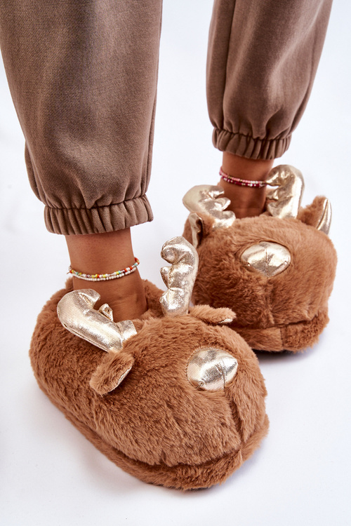 Damskie Futrzane Wsuwane Papcie Renifery Brązowe Comet