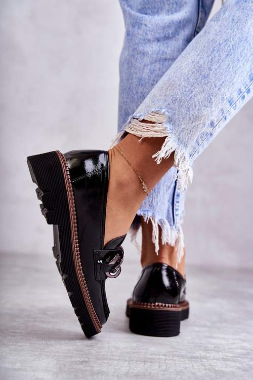 Lakierowane Półbuty Loafery Na Platformie Czarne Reidun