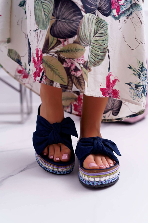 Klapki Damskie Z Kokardami Gruba Podeszwa Granatowe Milady