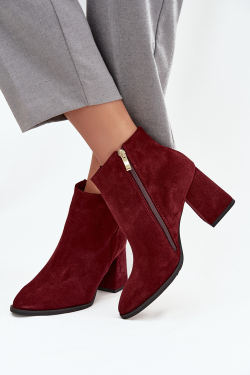 Botki Z Naturalnego Zamszu Obcas Słupek Ocieplane Bordowe Zazoo 3128