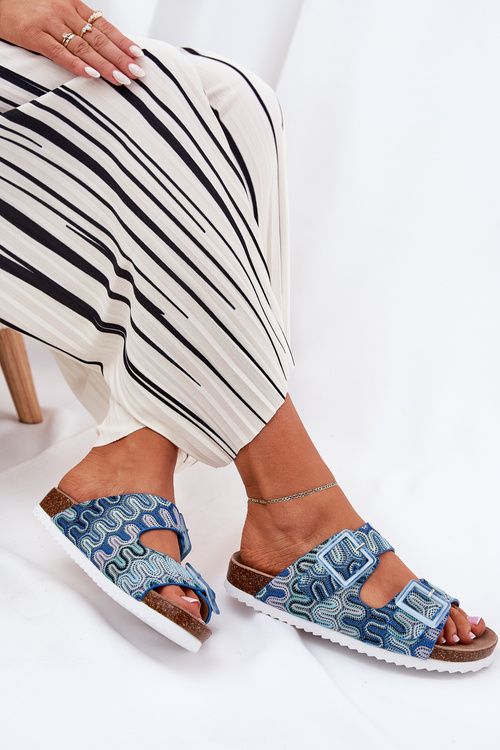 Klapki Damskie Z Klamrami I Brokatem S.Barski RB51-006 Niebieskie