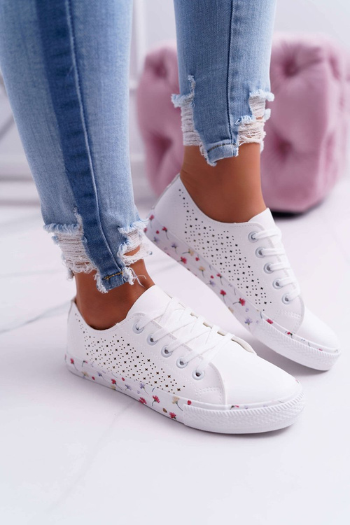 Damskie Trampki W Kwiaty Ażurowe Białe Loriann