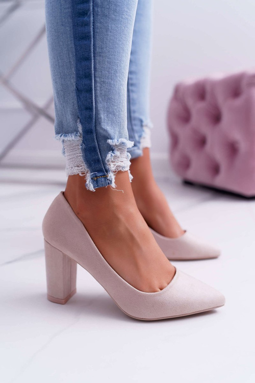 Czółenka Damskie Na Słupku Zamszowe Beżowe Raspberry