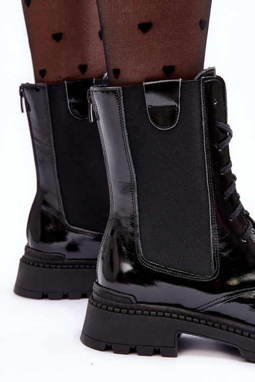 Skórzane Damskie Botki Workery Sznurowane Czarne Nicole 2836