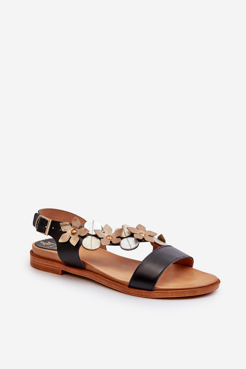 Skórzane Sandały Damskie Ozdobione Kwiatkami Laura Messi 2762 Czarne