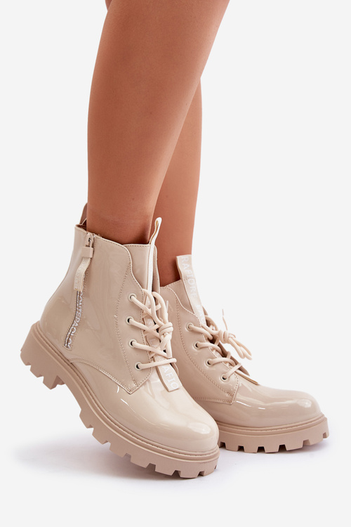 Lakierowane Botki Workery Damskie Ocieplane Z Napisami Beżowe Zinfreya