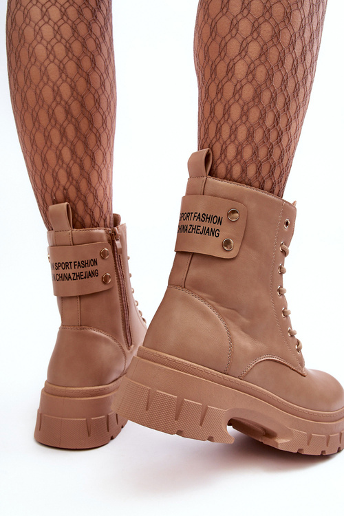 Damskie Workery Botki Sznurowane Na Płaskim Obcasie Beżowe Brenhile