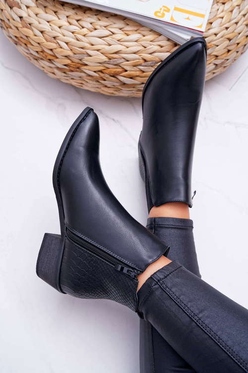 Botki Damskie Płaski Obcas W Szpic Suwak Czarne Derme