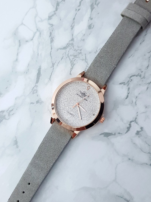 Damski Zegarek Michael John Evento Szary Zamszowy Pasek Brokat