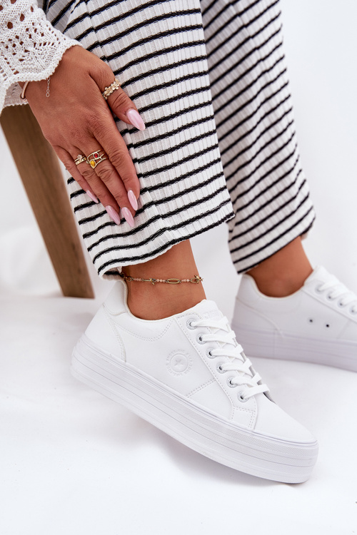 Eko Skórzane Trampki Damskie Na Platformie Big Star RR274298 Białe