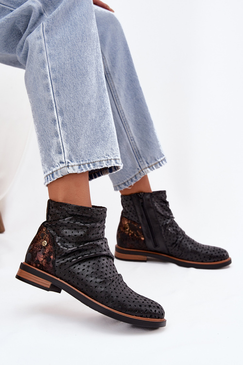 Skórzane Botki Z Ażurowym Wzorem Maciejka 05922-01 Czarne