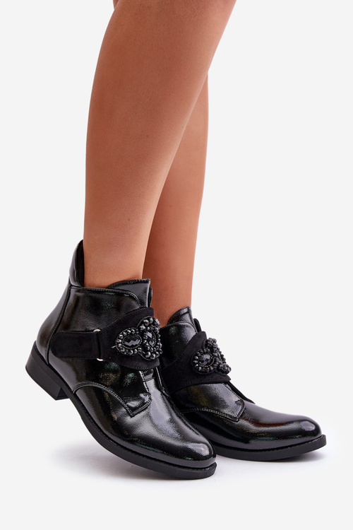 Lakierowane Botki Damskie Z Ozdobą Ocieplane S.Barski HY42-021 Czarne