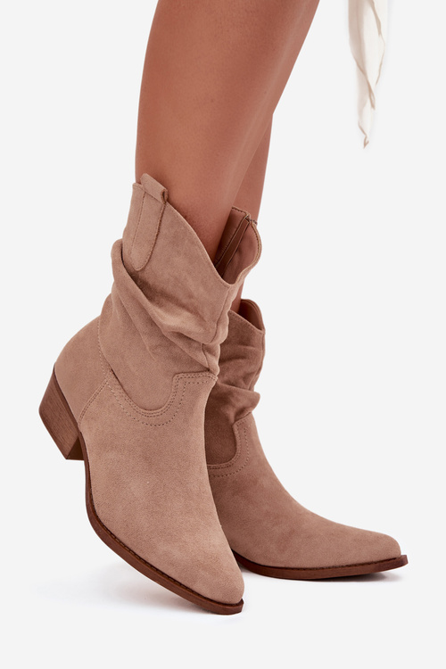 Botki Damskie Na Niskim Obcasie Z Marszczeniem Beżowe Adena