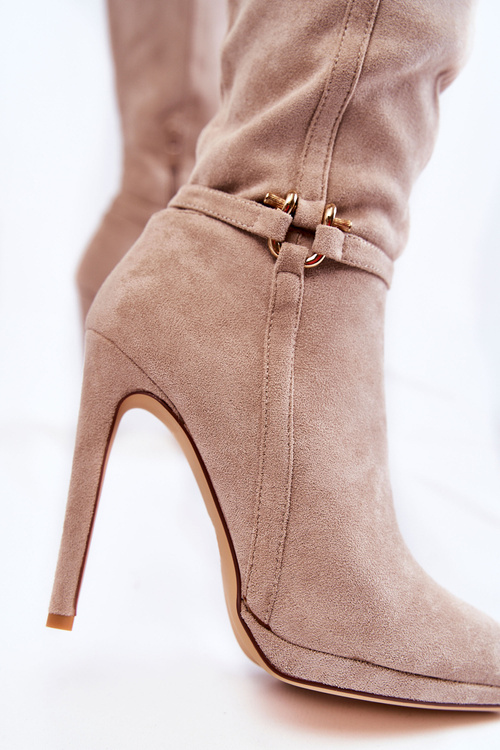 Klasyczne Zamszowe Kozaki Na Obcasie Beżowe Linney