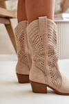 Ażurowe Damskie Botki Kowbojki Na Obcasie Beżowe Iceda