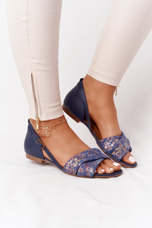 Skórzane Sandały W Kwiatki Maciejka 04614-43 Granatowe