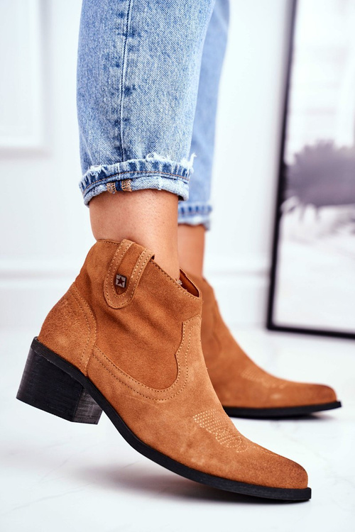 Botki Damskie Na Słupku Skórzane Big Star Camel GG274330