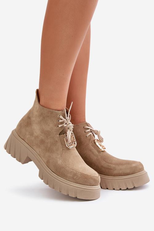 Zazoo 2952 Zamszowe Botki Ze Złotą Ozdobą Beżowe