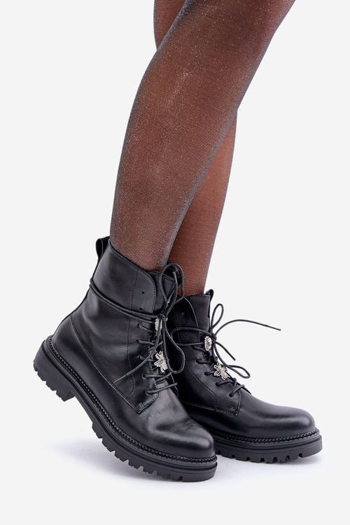 Ocieplane Botki Z Przypinkami Na Sznurowaniu Czarne Irivina