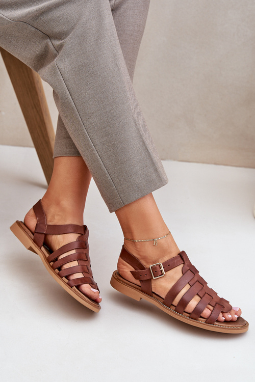 Skórzane Sandały Na Płaskim Obcasie Zazoo 3686 Brązowe