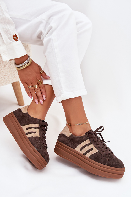 Sneakersy Damskie Na Platformie Z Naturalnego Zamszu Czekoladowe Eldira