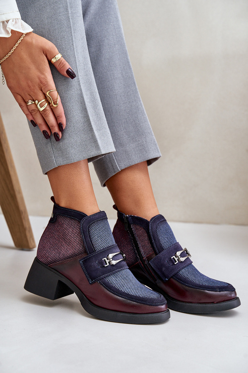 Skórzane Botki Damskie Na Masywnym Obcasie Z Ozdobą Maciejka A6747-23 Bordowo-Granatowe