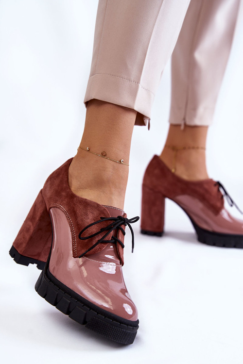 Modne Zamszowo-Lakierowane Botki Na Platformie Różowe Carisa