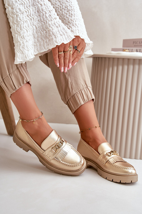 Eko Skórzane Mokasyny Damskie Z Ozdobą Złote Zanita