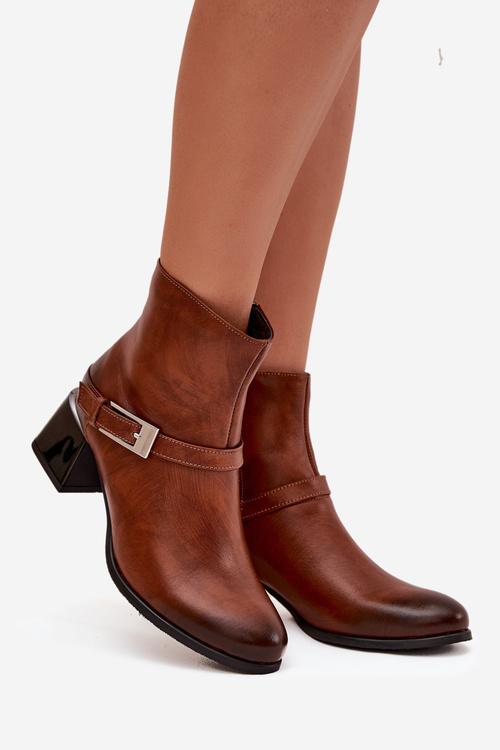Skórzane Botki Damskie Na Obcasie Z Klamrą Zazoo 60562 Brązowe