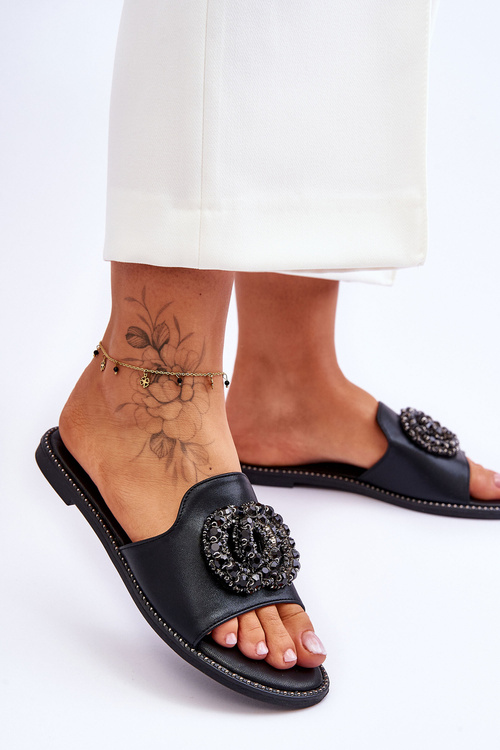 Damskie Płaskie Klapki Z Ozdobami S.Barski KV-520-3 Czarne