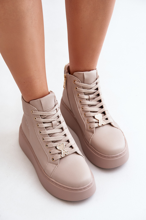 Wysokie Skórzane Sneakersy Damskie Na Platformie Vinceza 66707 Beżowe