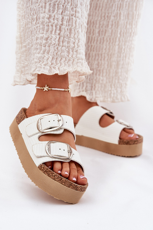 Klapki Damskie Platformie Z Klamrami Lee Cooper LCW-25-35-3496L Białe