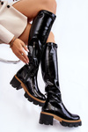 Modne Lakierowane Damskie Kozaki Przed Kolano Czarne Venise