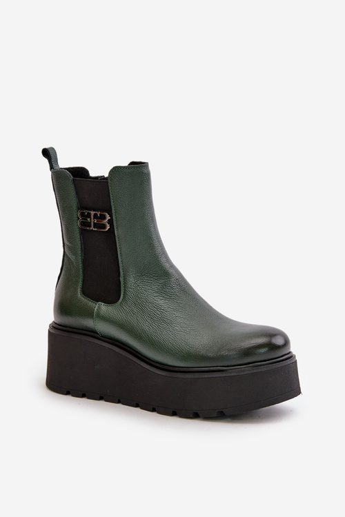 Zazoo 60498 Damskie Skórzane Botki Sztyblety Na Platformie I Koturnie Ciemnozielone