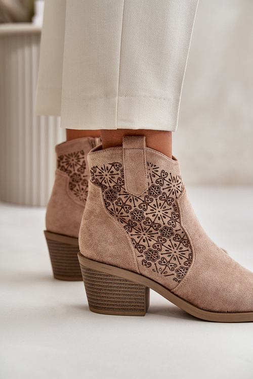 Ażurowe Botki Kowbojki Na Zamek Eko Zamszowe Beżowe S.Barski HY42-944