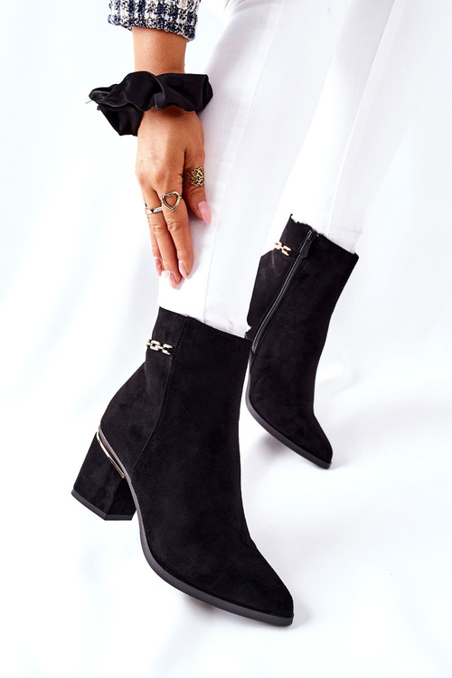 Damskie Zamszowe Botki Na Słupku Czarne One Step