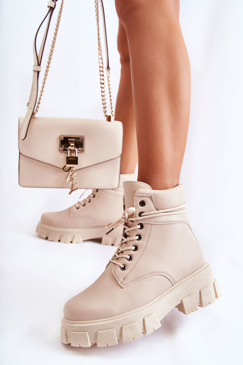 Damskie Botki Trapery Ocieplane Jasnobeżowe Flavin