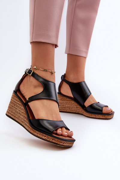 Sandały Damskie Skórzane Na Koturnie Maciejka 06657-01 Czarne