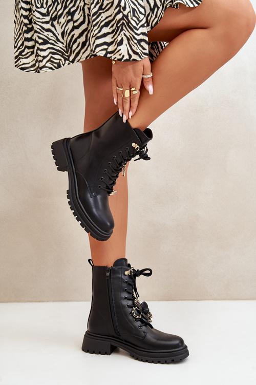 Eko Skórzane Botki Workery Damskie Z Przypinkami Czarne Rianael